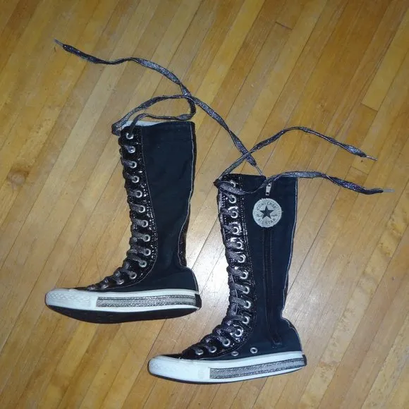Converse knee high xxhi boots 10.5 black silver sparkles RARE punk rock n roll