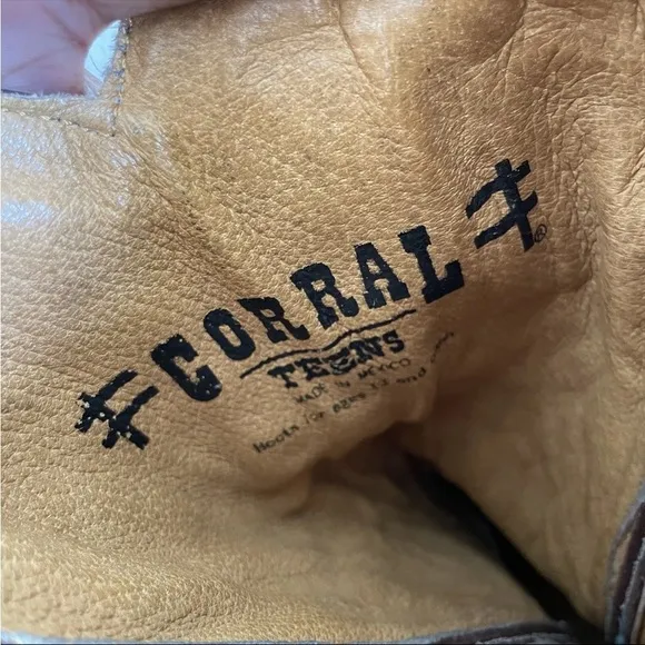 Corral Teens Cowboy Boots Size 3.5 Brown Leather  Stitched Cowgirl Mid Calf Shoe
