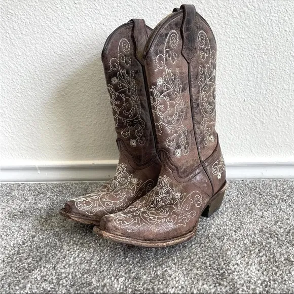 Corral Teens Cowboy Boots Size 3.5 Brown Leather  Stitched Cowgirl Mid Calf Shoe