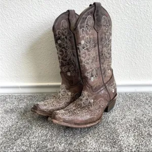 Corral Teens Cowboy Boots Size 3.5 Brown Leather  Stitched Cowgirl Mid Calf Shoe