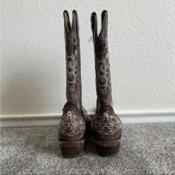Corral Teens Cowboy Boots Size 3.5 Brown Leather  Stitched Cowgirl Mid Calf Shoe