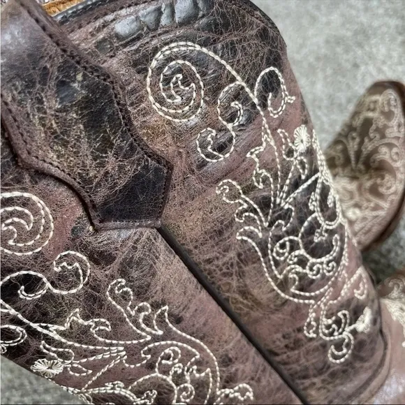Corral Teens Cowboy Boots Size 3.5 Brown Leather  Stitched Cowgirl Mid Calf Shoe
