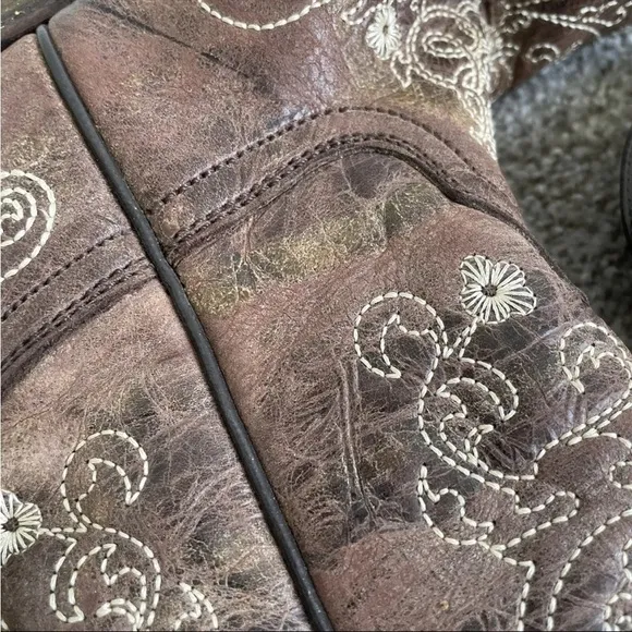 Corral Teens Cowboy Boots Size 3.5 Brown Leather  Stitched Cowgirl Mid Calf Shoe