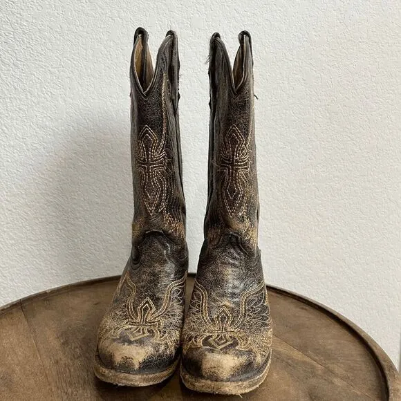 Corral Boots Teens Wing &amp; Gross Brown Gold Western Cowboy Boots Youth Size 2