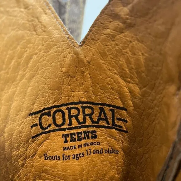 Corral Boots Teens Wing &amp; Gross Brown Gold Western Cowboy Boots Youth Size 2