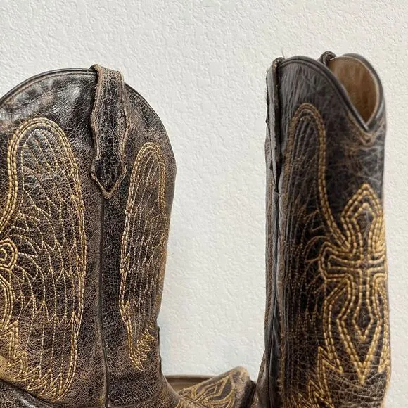 Corral Boots Teens Wing &amp; Gross Brown Gold Western Cowboy Boots Youth Size 2