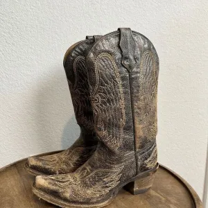 Corral Boots Teens Wing &amp; Gross Brown Gold Western Cowboy Boots Youth Size 2