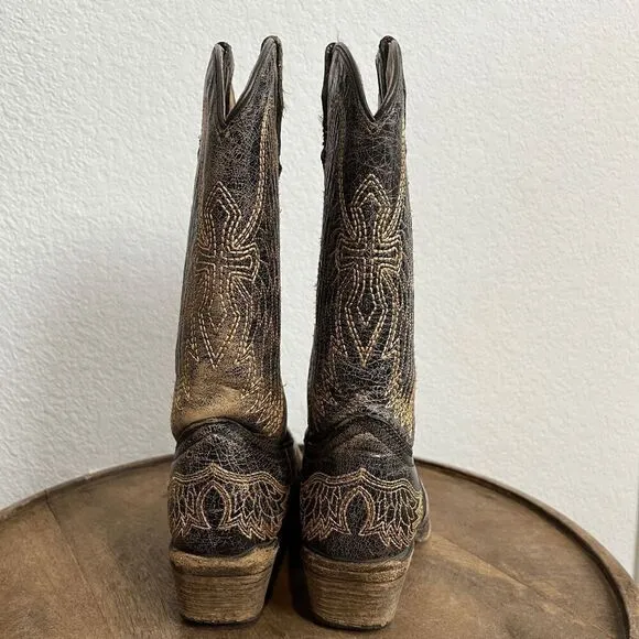 Corral Boots Teens Wing &amp; Gross Brown Gold Western Cowboy Boots Youth Size 2