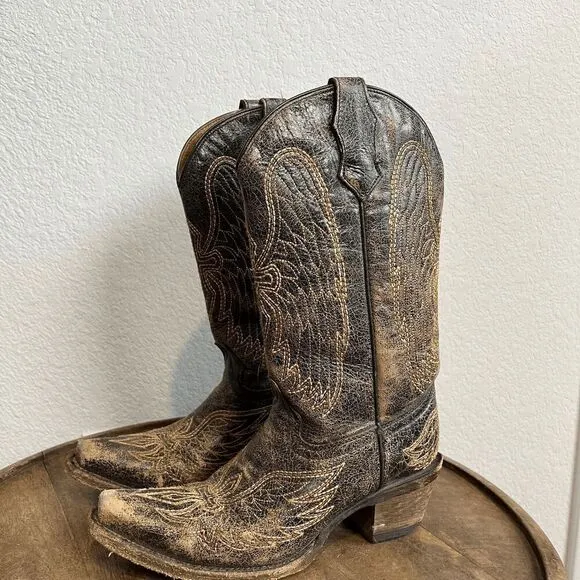 Corral Boots Teens Wing &amp; Gross Brown Gold Western Cowboy Boots Youth Size 2