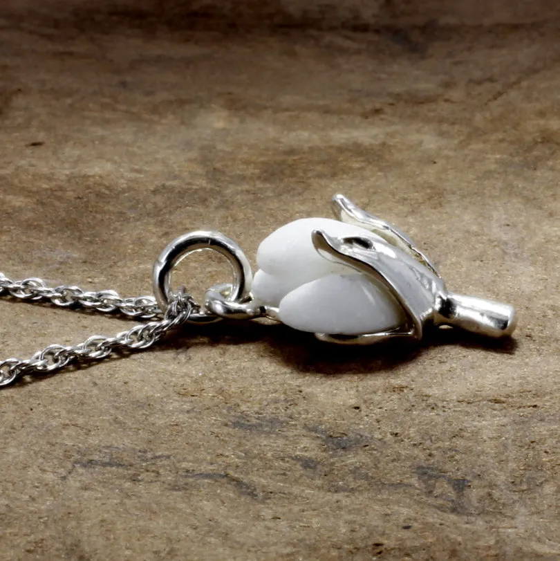 Cotton Anniversary Gift For Her Silver Cotton Boll Necklace with White Stone