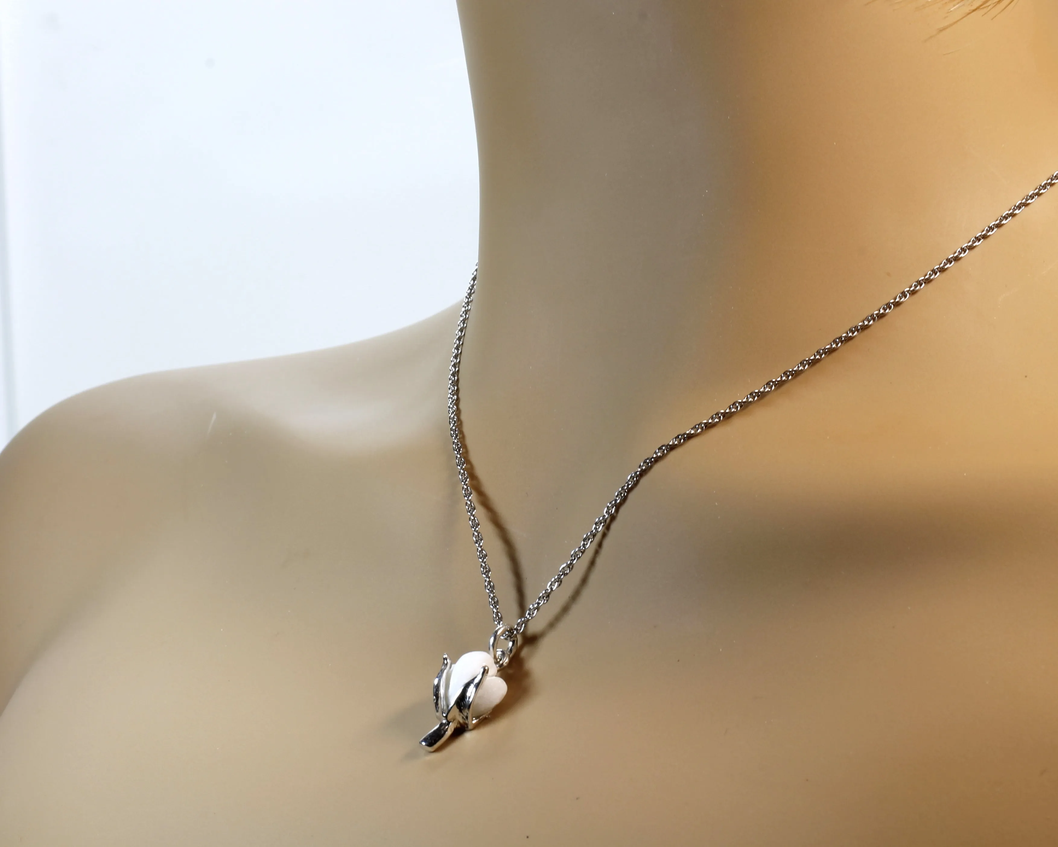 Cotton Anniversary Gift For Her Silver Cotton Boll Necklace with White Stone