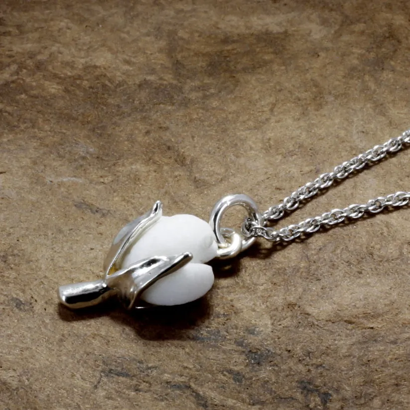 Cotton Anniversary Gift For Her Silver Cotton Boll Necklace with White Stone