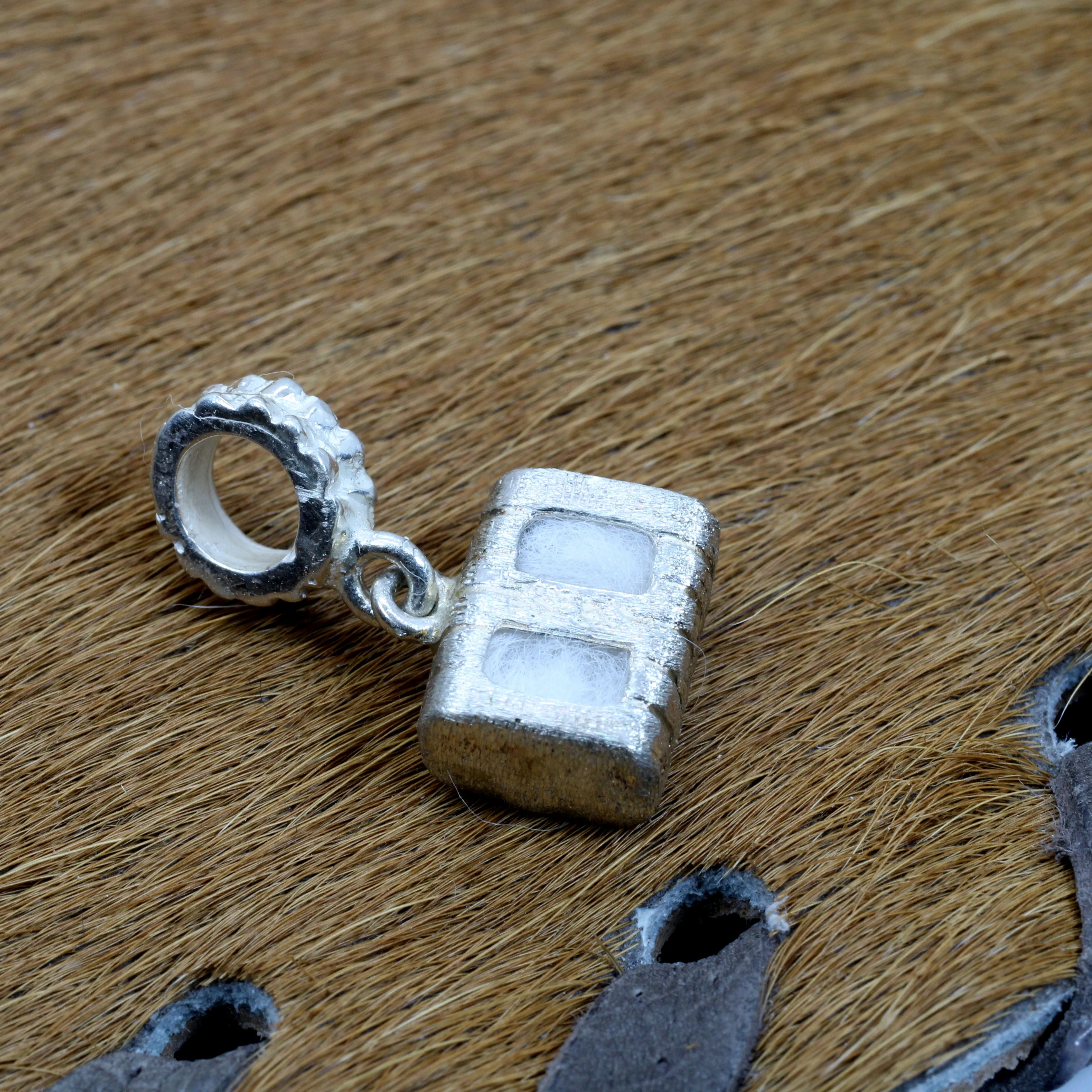 Cotton Bale Slide Charm with actual cotton inside in sterling silver