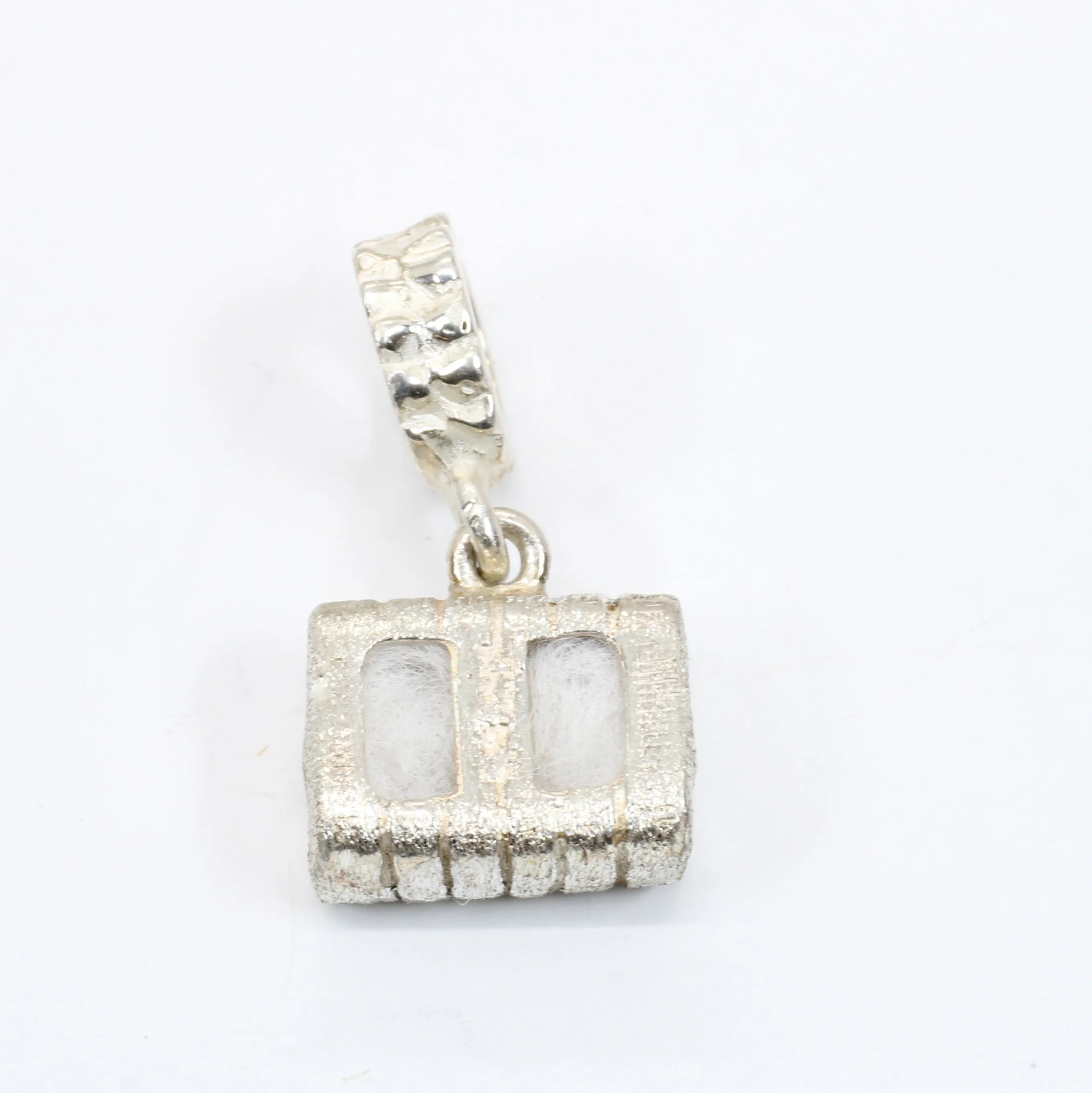 Cotton Bale Slide Charm with actual cotton inside in sterling silver