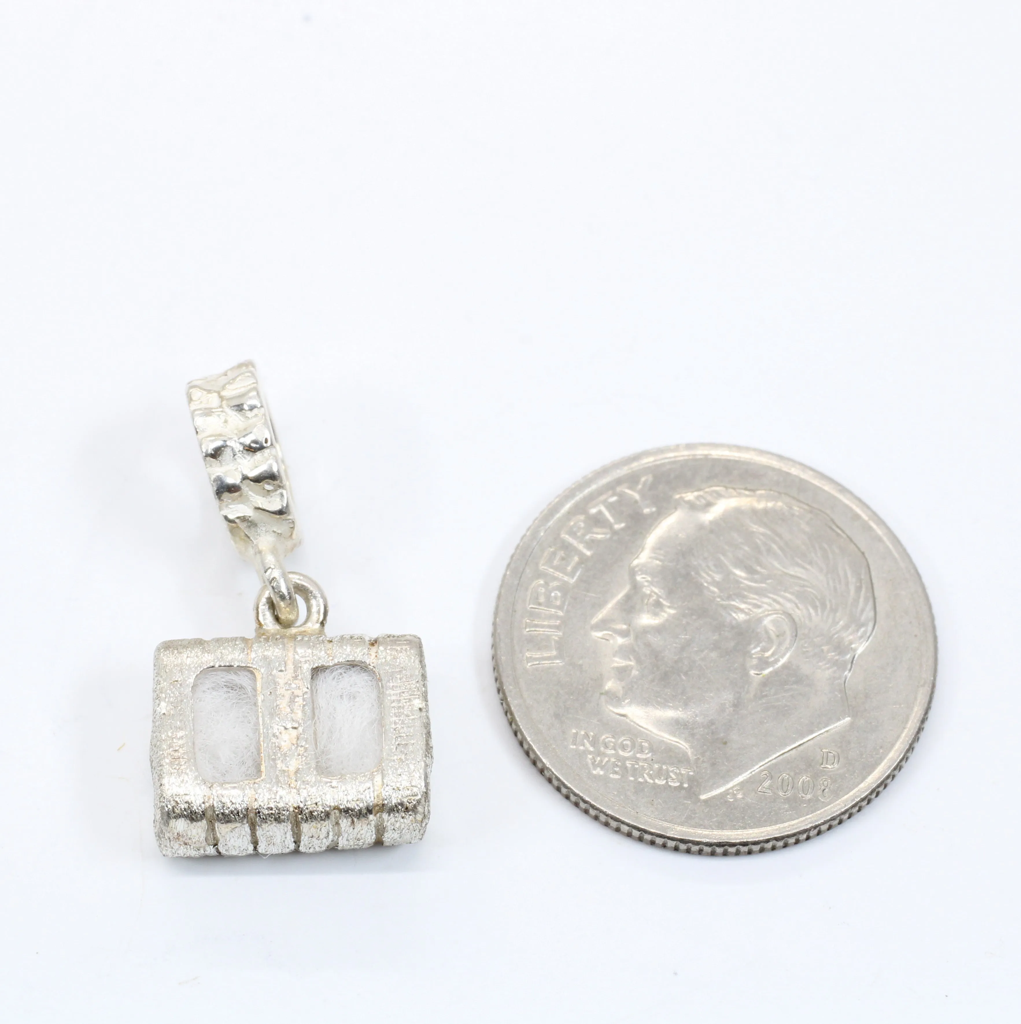 Cotton Bale Slide Charm with actual cotton inside in sterling silver