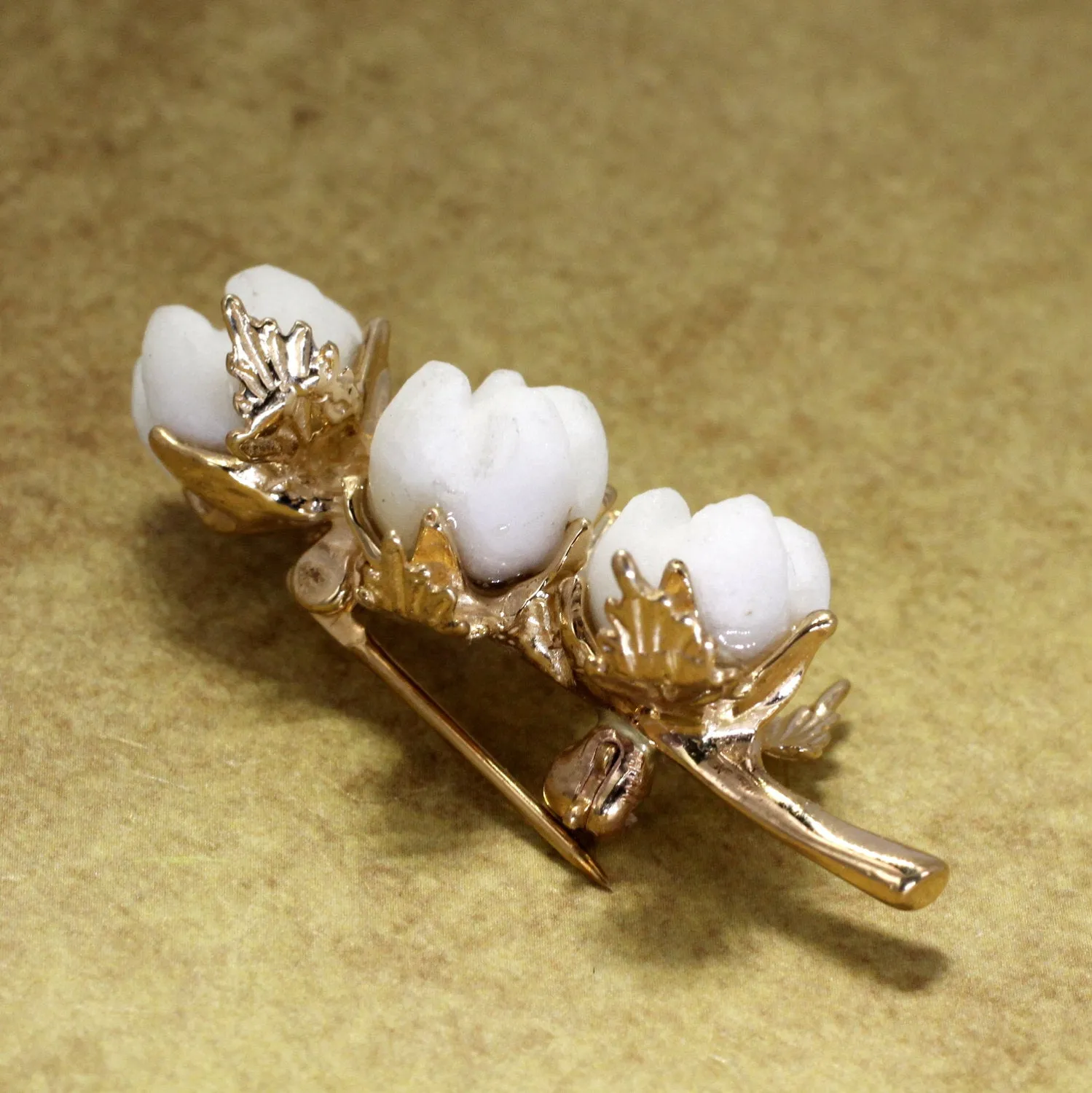 Cotton Boll 14kt Gold Three Boll Brooch