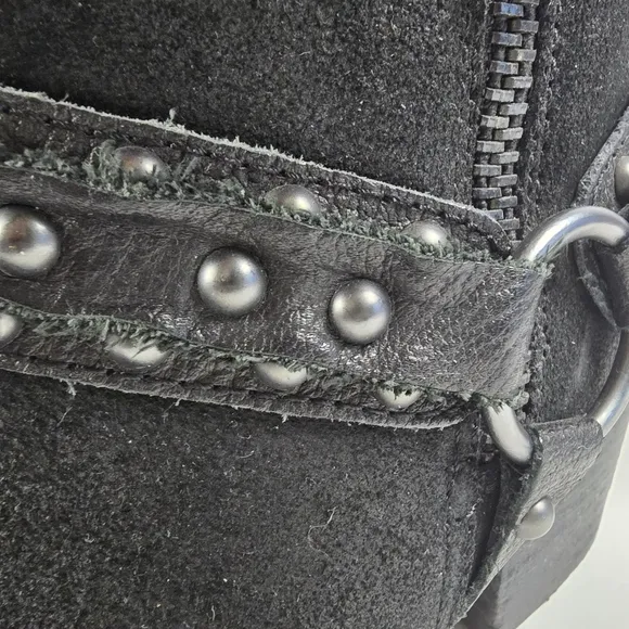 Crown Vintage Wendy Black Suede Leather Biker Moto Harness Boots Size 8