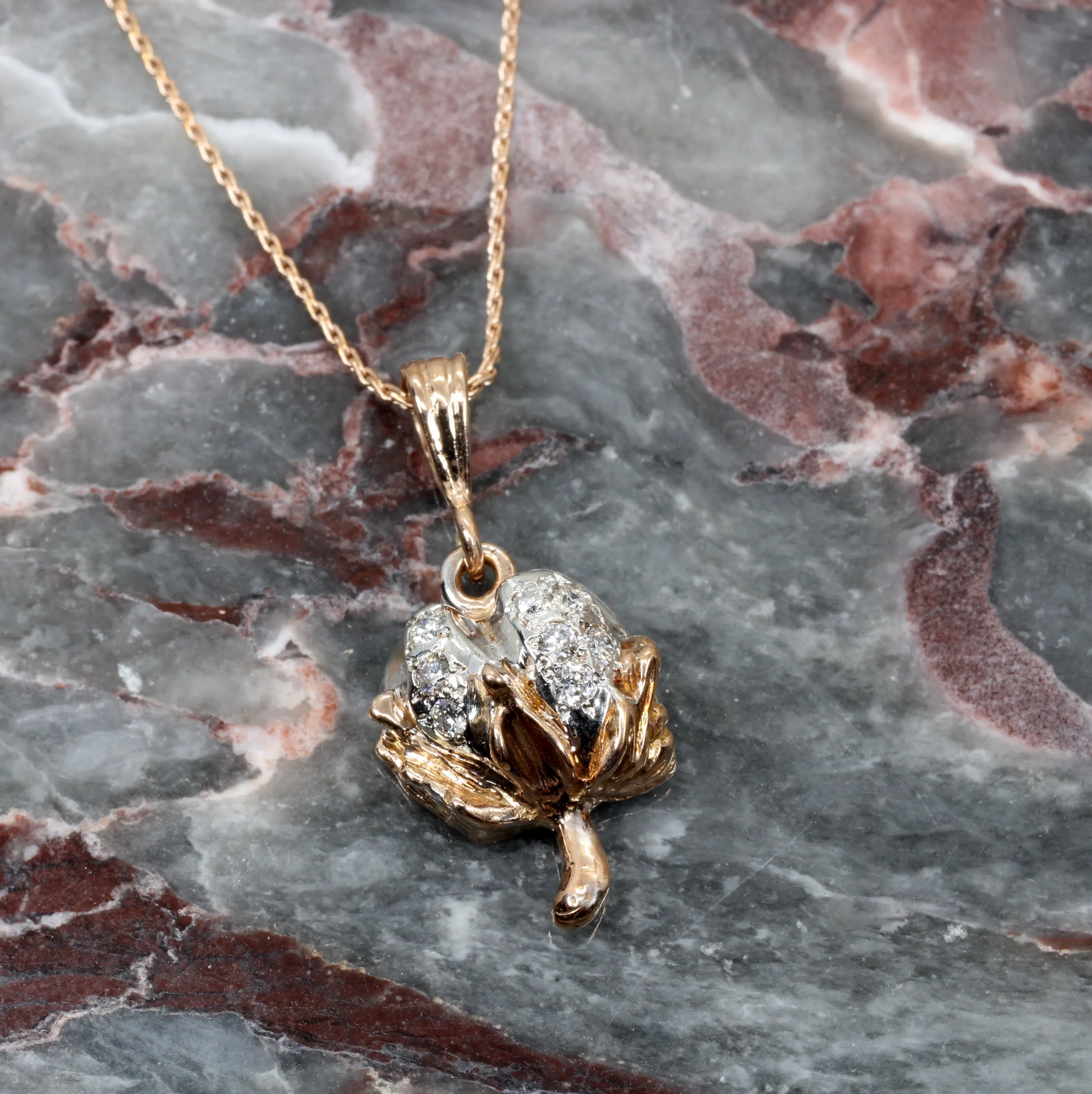 Diamond Cotton Boll Necklace with rose gold three-dimensional cotton boll