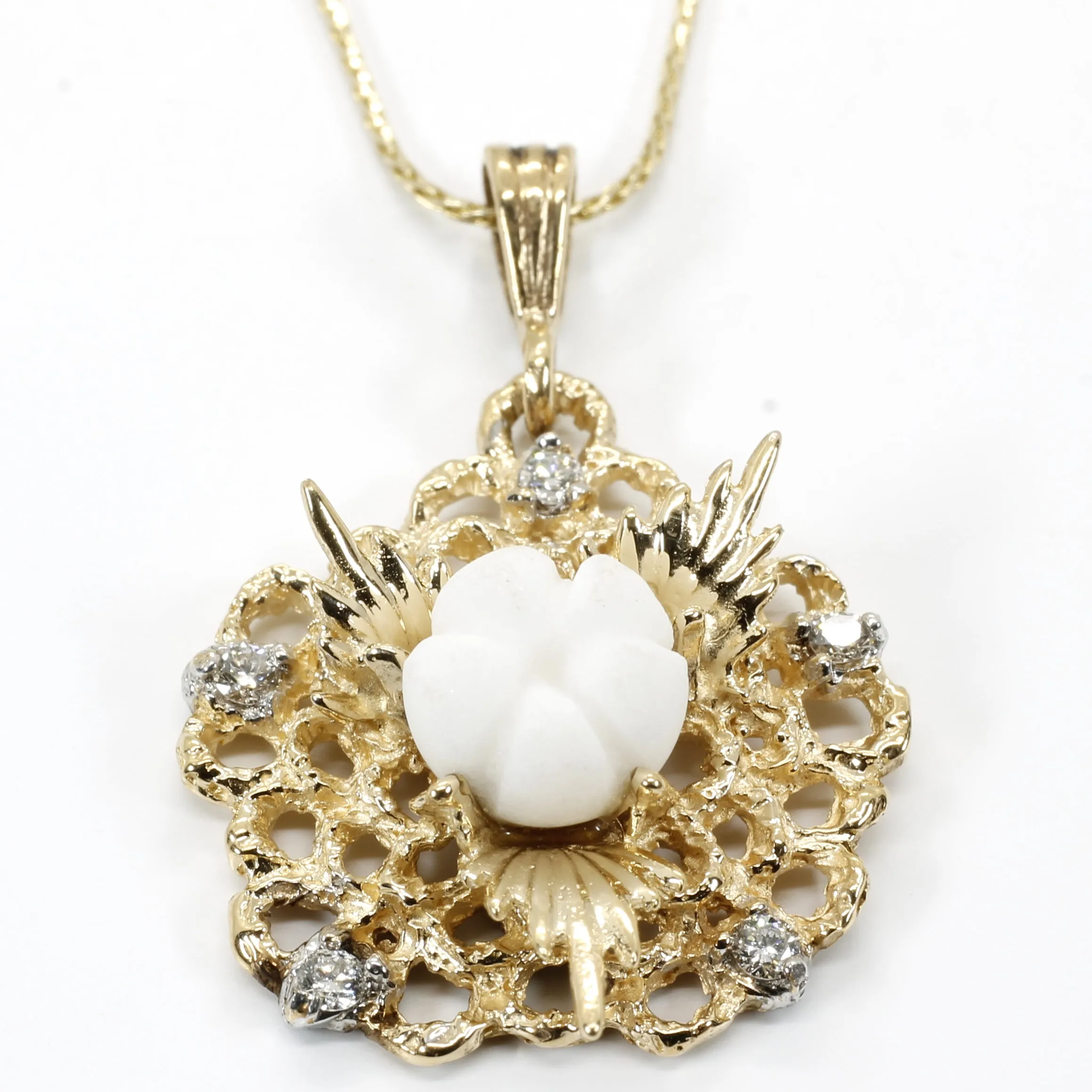 Diamond Gold Cotton Boll Necklace with White Cotton Boll Center