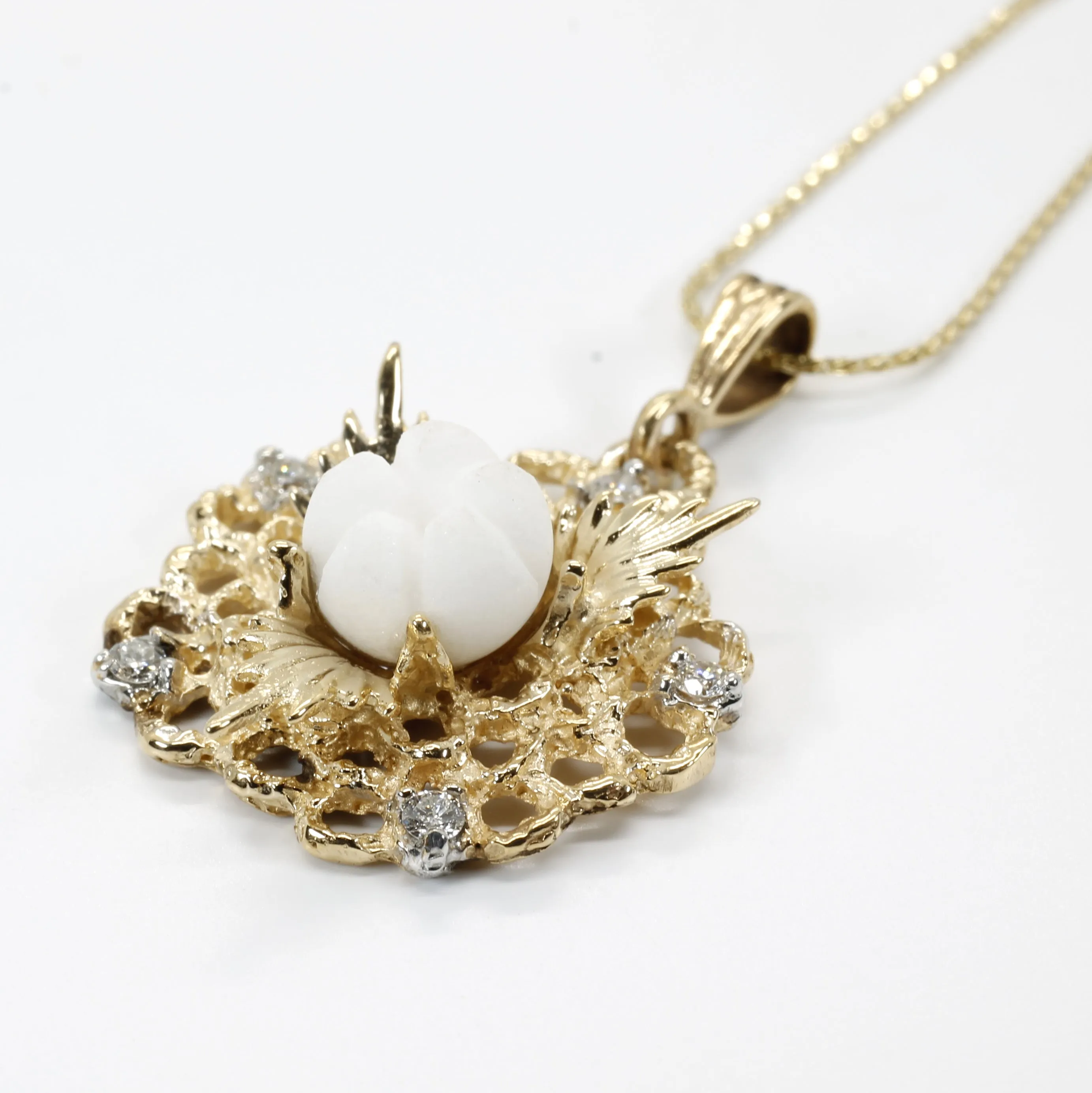 Diamond Gold Cotton Boll Necklace with White Cotton Boll Center