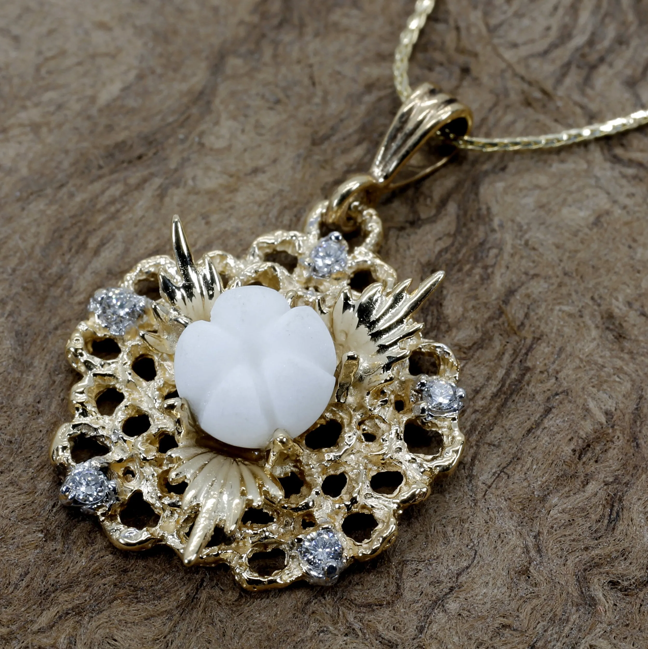 Diamond Gold Cotton Boll Necklace with White Cotton Boll Center