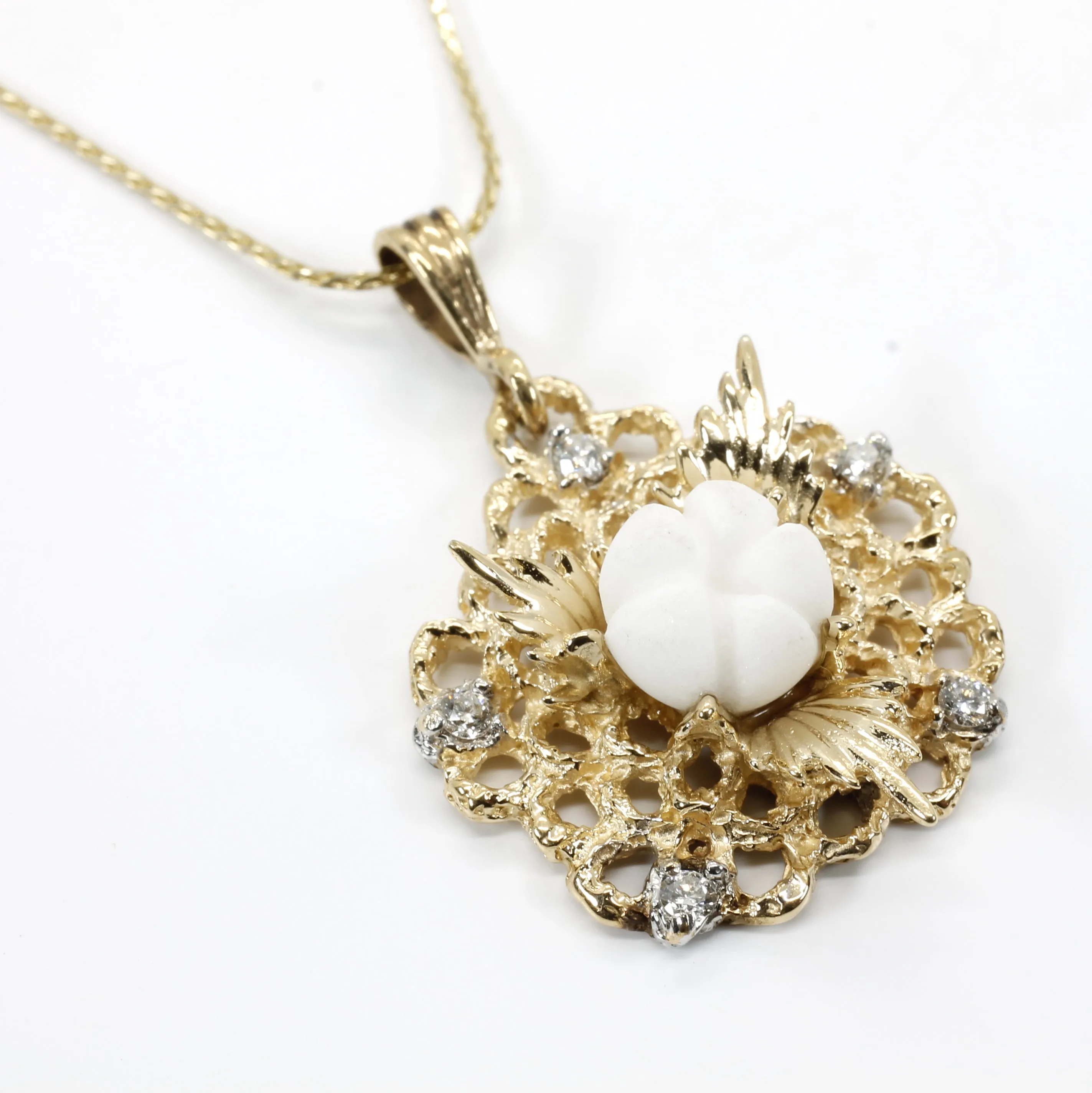 Diamond Gold Cotton Boll Necklace with White Cotton Boll Center