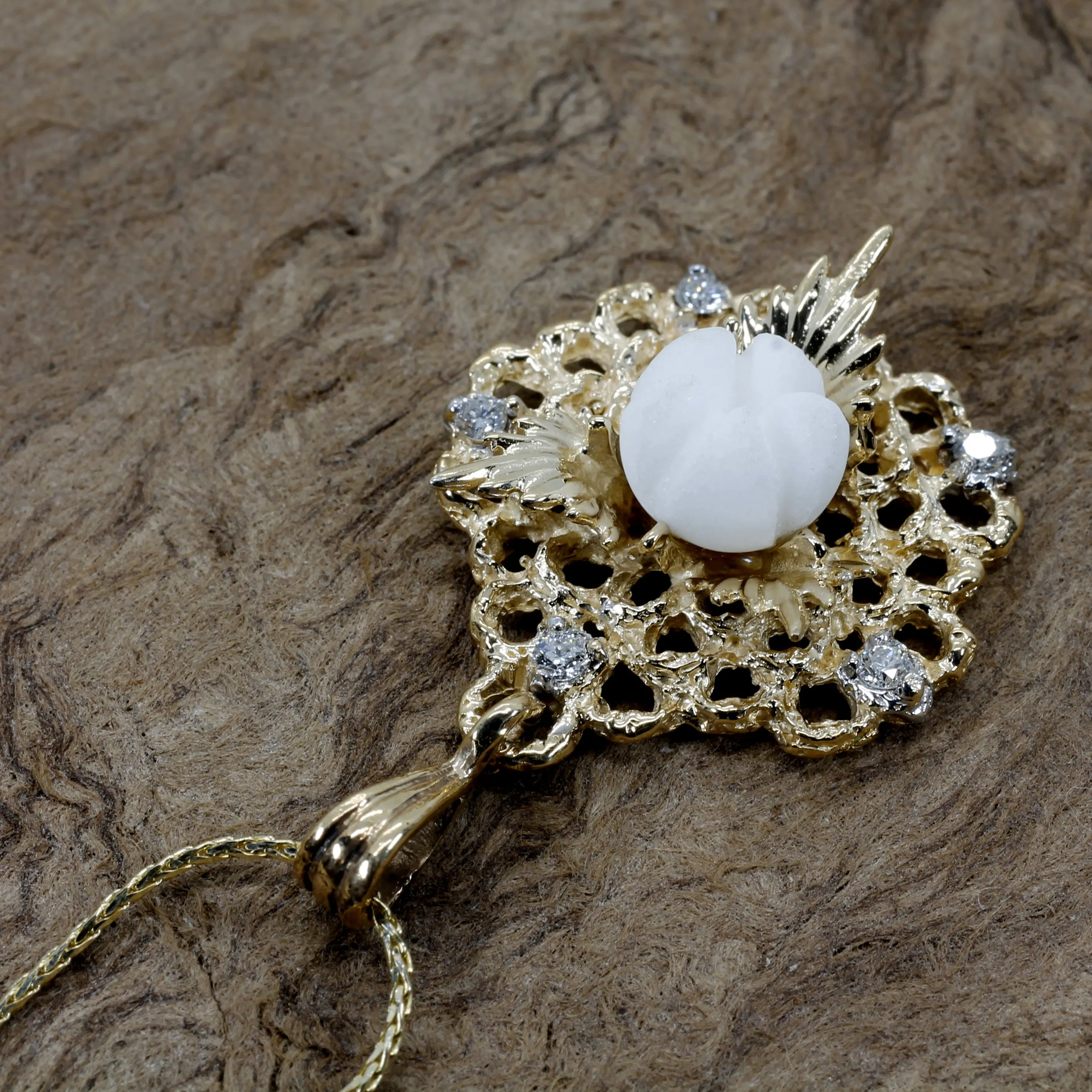 Diamond Gold Cotton Boll Necklace with White Cotton Boll Center