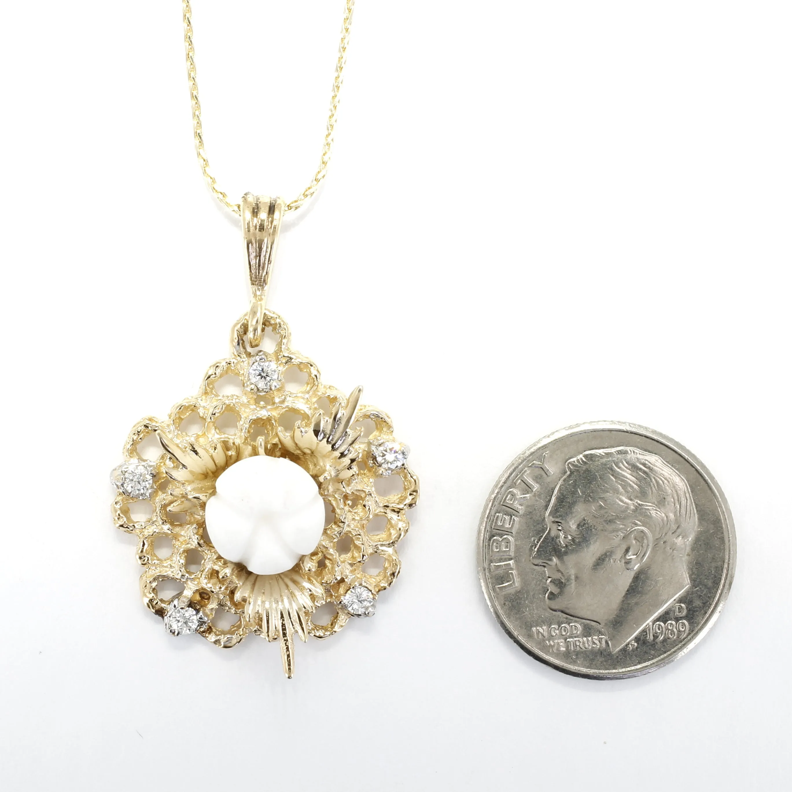 Diamond Gold Cotton Boll Necklace with White Cotton Boll Center