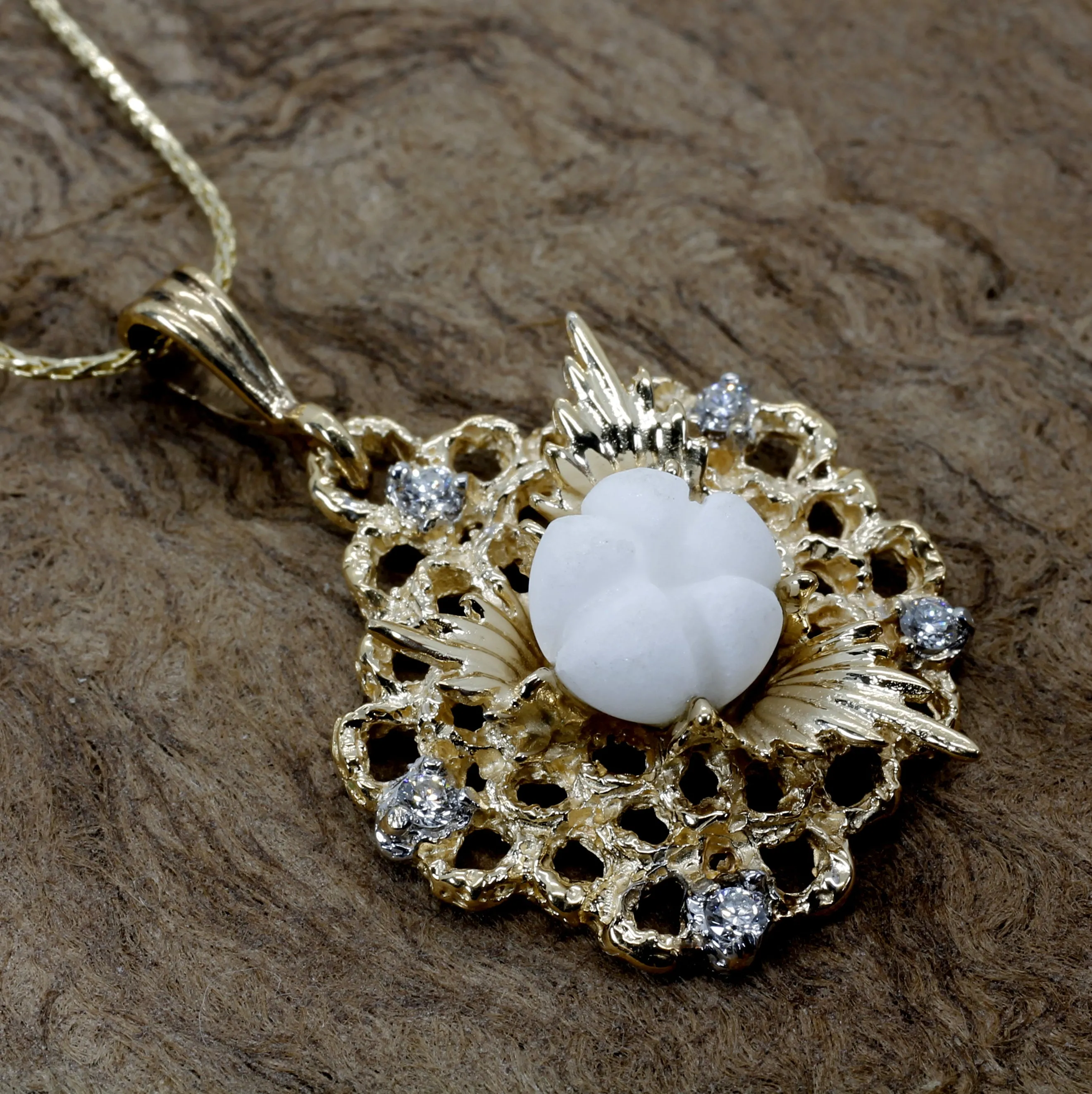 Diamond Gold Cotton Boll Necklace with White Cotton Boll Center