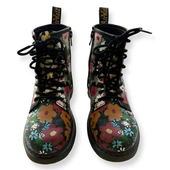 Dr. Martens 1460 Floral Mash Up Black Leather Lace Up Boots Size US 4 Juniors