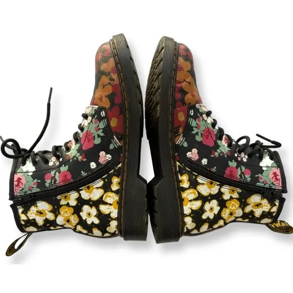 Dr. Martens 1460 Floral Mash Up Black Leather Lace Up Boots Size US 4 Juniors