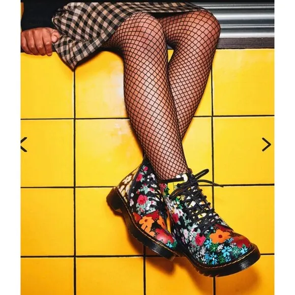 Dr. Martens 1460 Floral Mash Up Black Leather Lace Up Boots Size US 4 Juniors