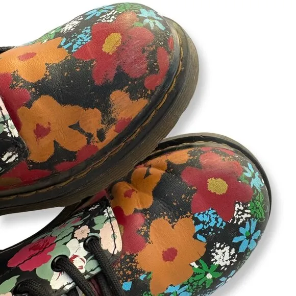 Dr. Martens 1460 Floral Mash Up Black Leather Lace Up Boots Size US 4 Juniors