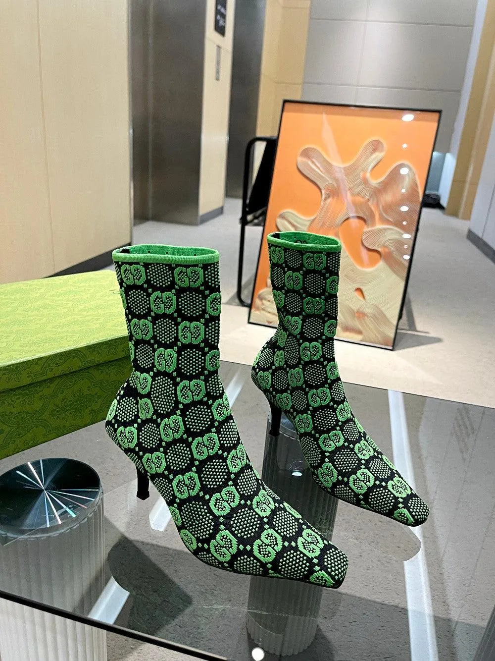 GG GG 75MM KNIT ANKLE BOOTS BLACK FLUORESCENT GREEN FABRIC718378 FAAQP 1004