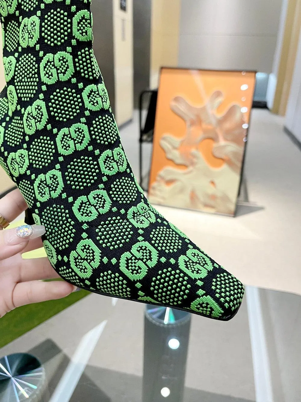 GG GG 75MM KNIT ANKLE BOOTS BLACK FLUORESCENT GREEN FABRIC718378 FAAQP 1004