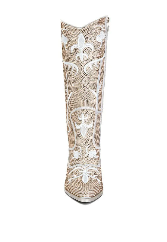 Glimmer Rhinestones Embellished Shimmer Calf Boots