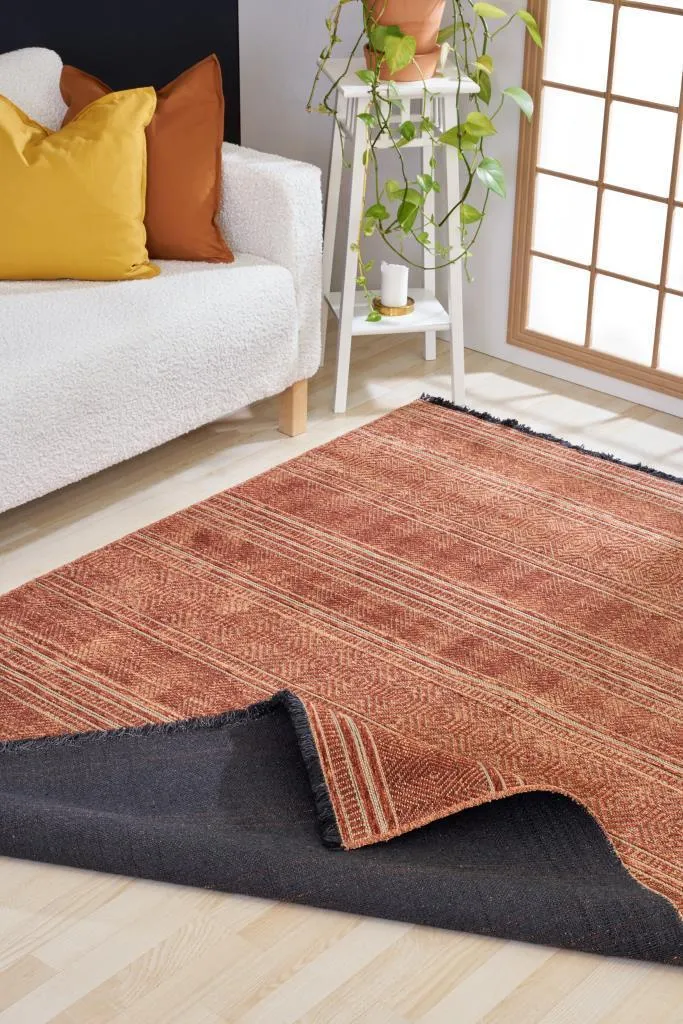 Gloria Jute Scandinavian Patterned Terracota Kilim Rug 4006
