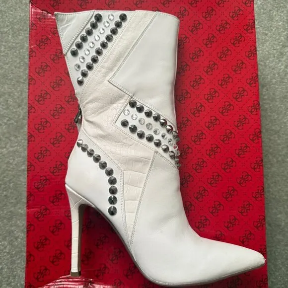 Guess GW Nyx White Multi Leather Studded Boots - Size 6M