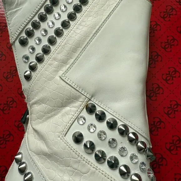 Guess GW Nyx White Multi Leather Studded Boots - Size 6M