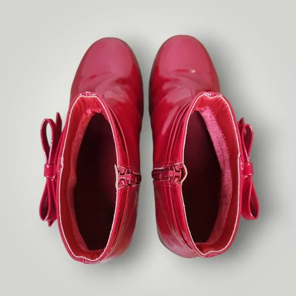 Gymboree Red Kids Boots with Bow size 2 Red Boots Side Zips Faux Patent Leather