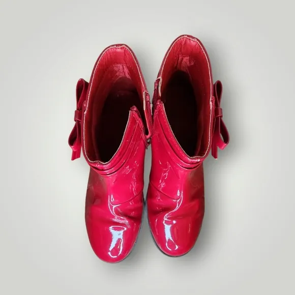 Gymboree Red Kids Boots with Bow size 2 Red Boots Side Zips Faux Patent Leather