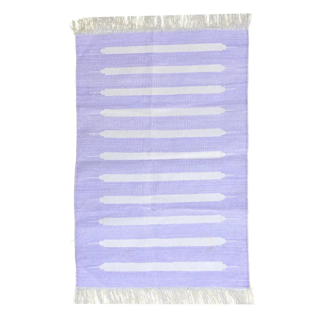 Handwoven Lavender and White Stripe Cotton Rug with Fringes