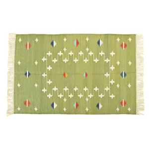 Handwoven Light Green Patterned Cotton Rug with Fringes