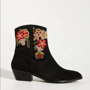 HP!!! 🎈Anthropologie Floral Western Boots Beaded Embellished Black Suede 41/10