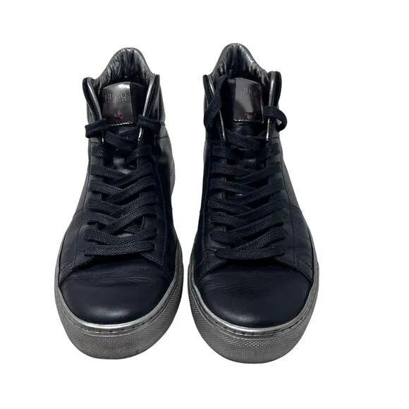 Hugo Hugo Boss Black Silver Leather High Top Sneakers Trainers EU42 Men's US 9