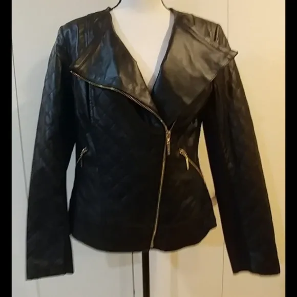 IMAN Women's Genuine Leather Moto Quilted Jacket w/ Faux Fur Trim Size M