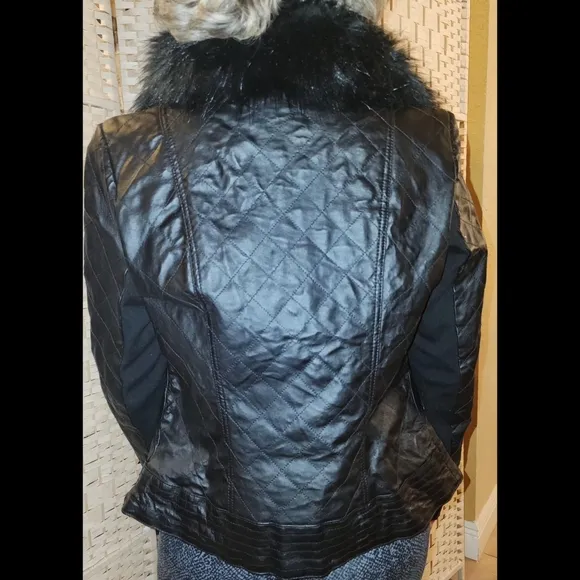 IMAN Women's Genuine Leather Moto Quilted Jacket w/ Faux Fur Trim Size M