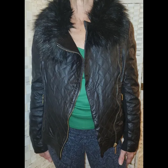 IMAN Women's Genuine Leather Moto Quilted Jacket w/ Faux Fur Trim Size M