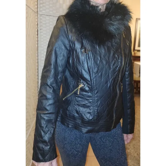 IMAN Women's Genuine Leather Moto Quilted Jacket w/ Faux Fur Trim Size M
