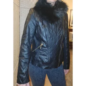 IMAN Women's Genuine Leather Moto Quilted Jacket w/ Faux Fur Trim Size M
